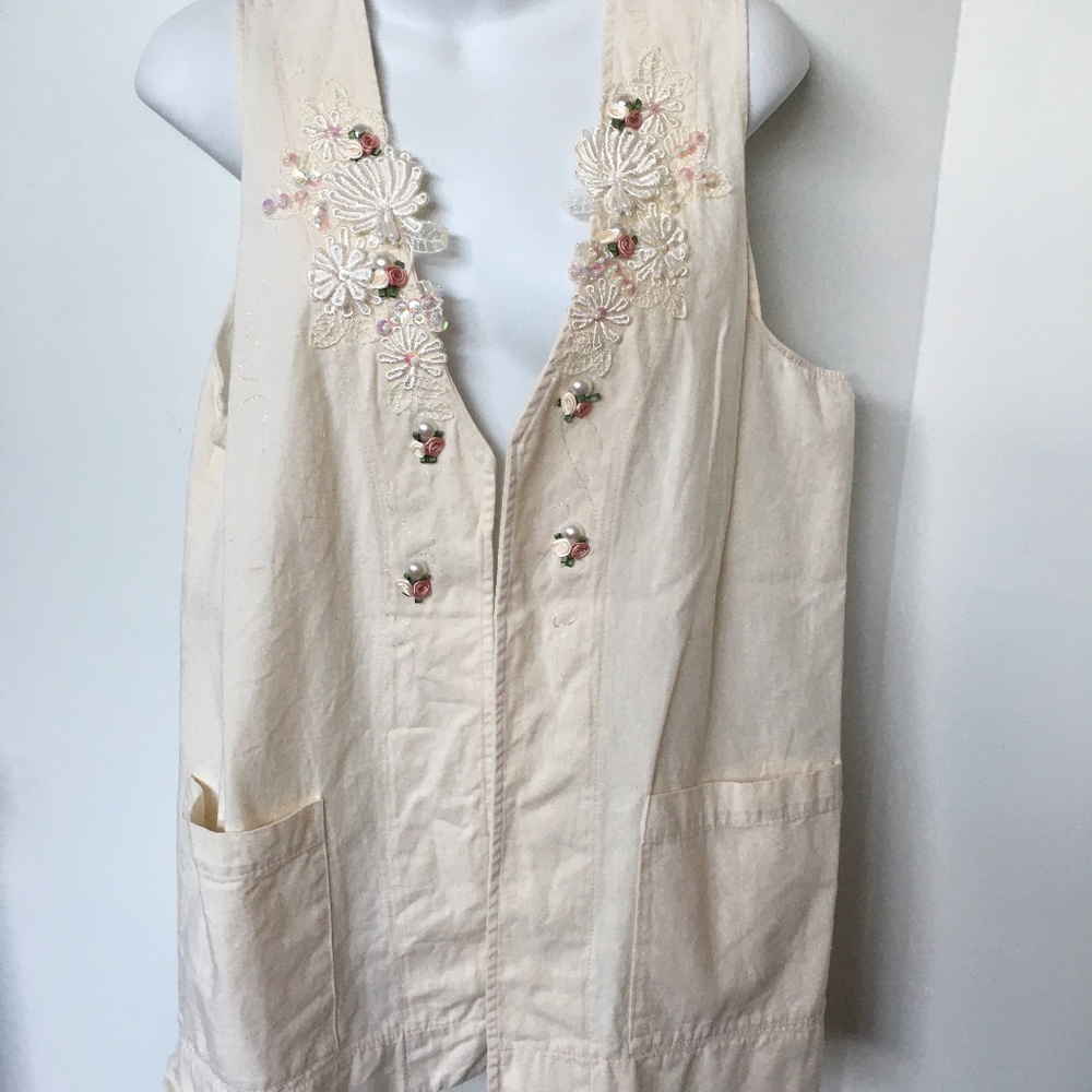 Vtg Cactus California BEADED And Lace Open Vest Ivory Embellished w Pockets Sz M